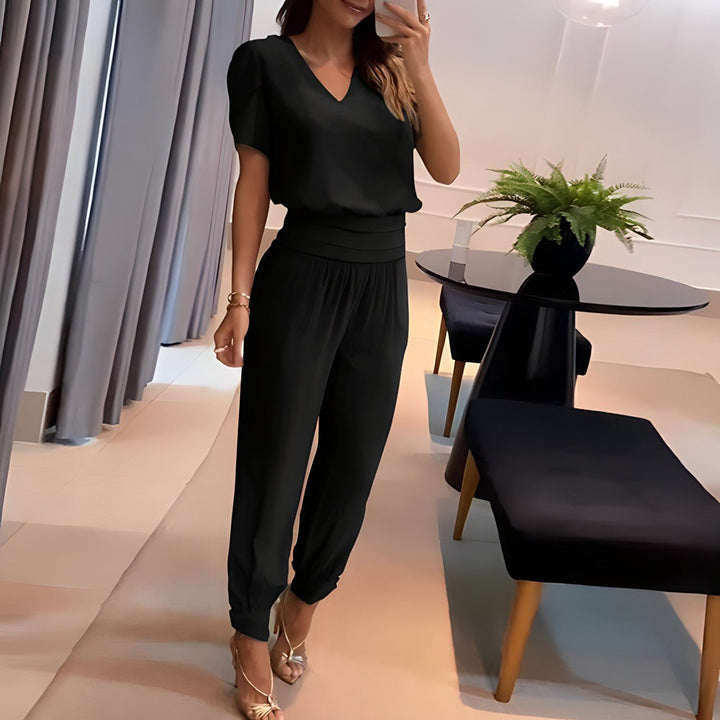 Damen V-Ausschnitt Wide-Leg Two-Piece Set Kurzarm Bluse Hose - Black