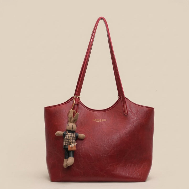 Damen Veganleder Tote Bag Schultertasche mit Plüsch-Anhänger - Red