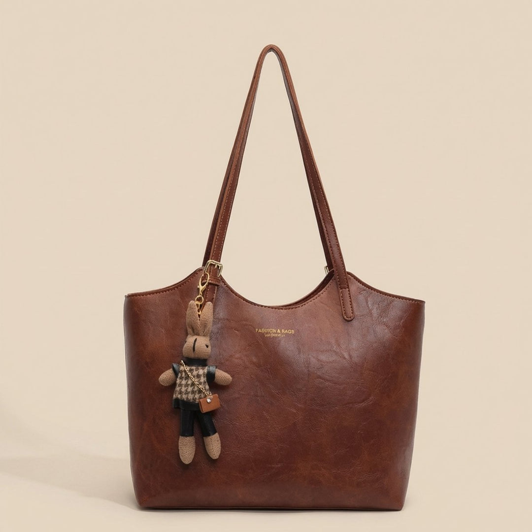 Damen Veganleder Tote Bag Schultertasche mit Plüsch-Anhänger