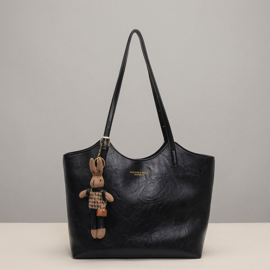 Damen Veganleder Tote Bag Schultertasche mit Plüsch-Anhänger