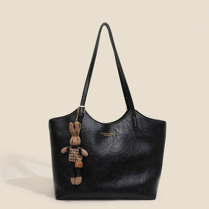 Damen Veganleder Tote Bag Schultertasche mit Plüsch-Anhänger