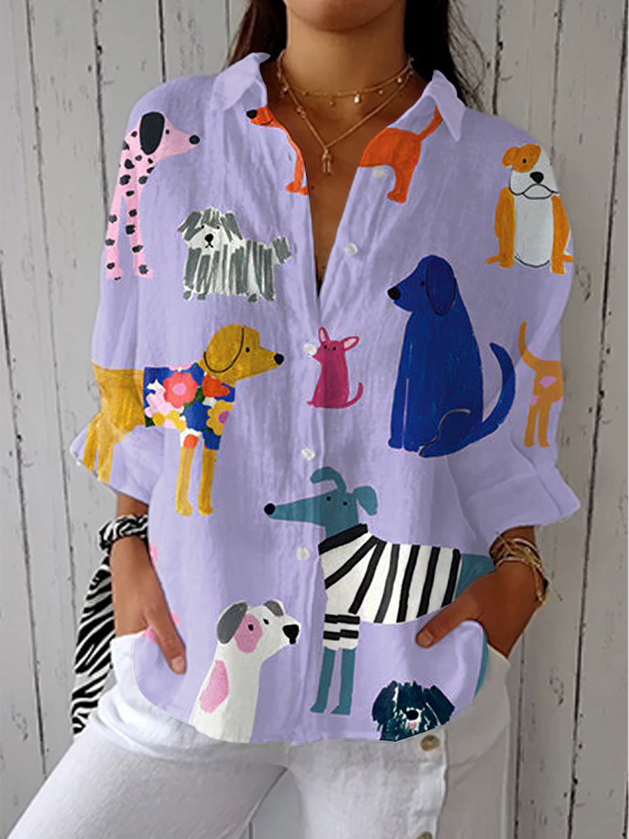Damen Verspielte Hunde-Print Relaxed-Fit Knopfleiste Bluse - Multicolor