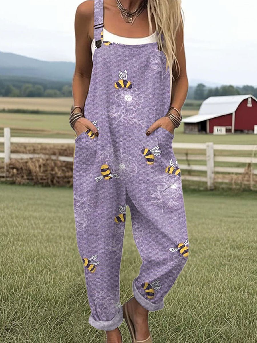 Damen Verstellbar Lässig Bienen-Blüten Overall - Purple