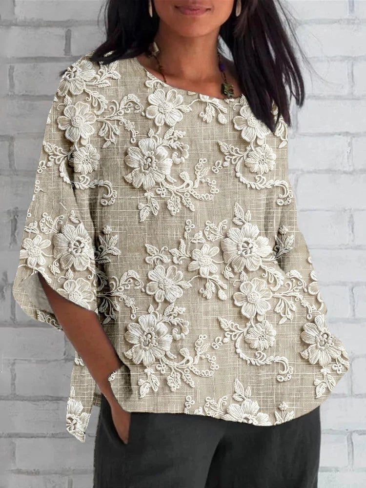 Damen Vintage Blumen Gestickte Langarm Bluse - Khaki