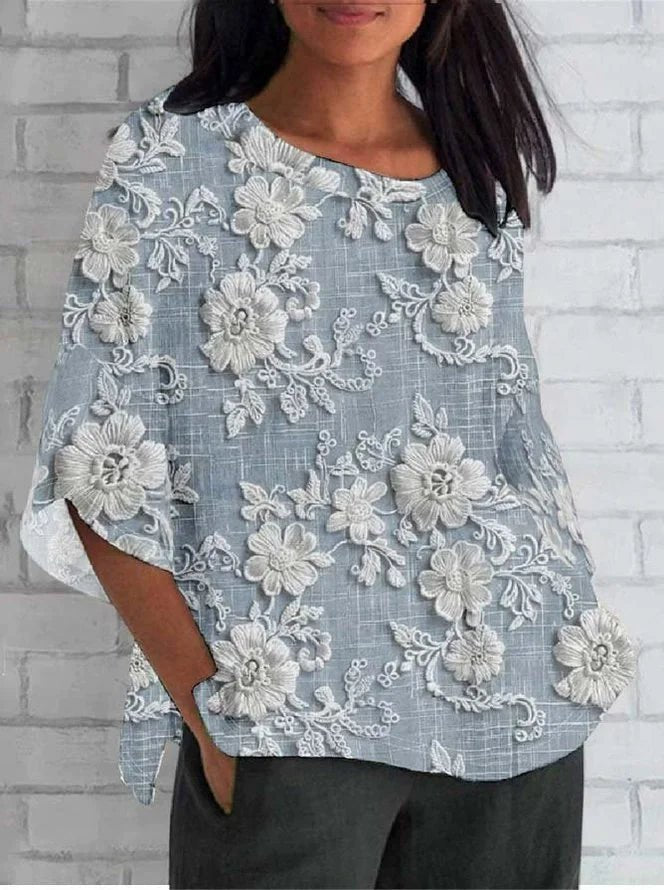 Damen Vintage Blumen Gestickte Langarm Bluse - Blue