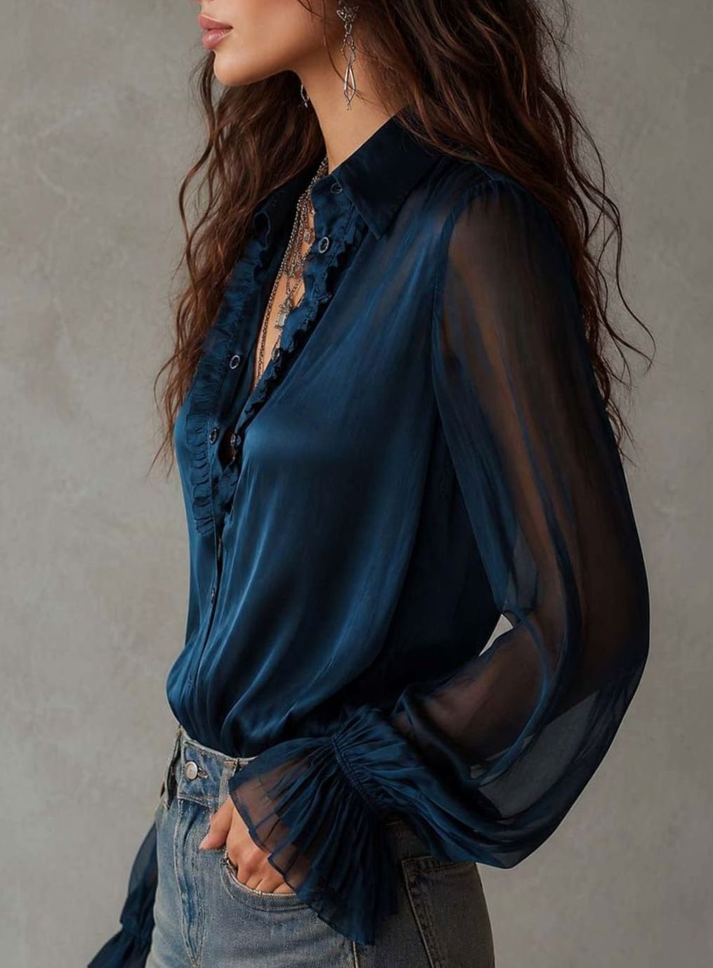 Damen Vintage Bluse mit Rüschenkragen transparenten Ärmeln