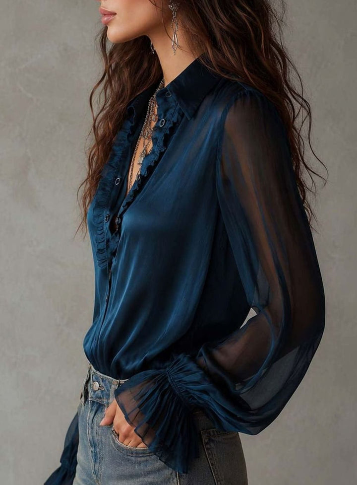 Damen Vintage Bluse mit Rüschenkragen transparenten Ärmeln