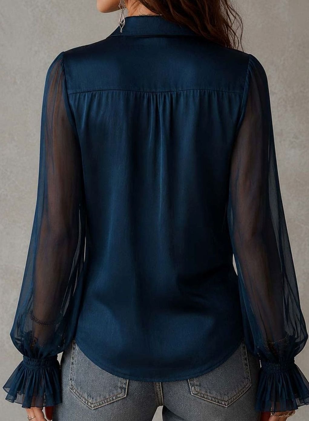 Damen Vintage Bluse mit Rüschenkragen transparenten Ärmeln