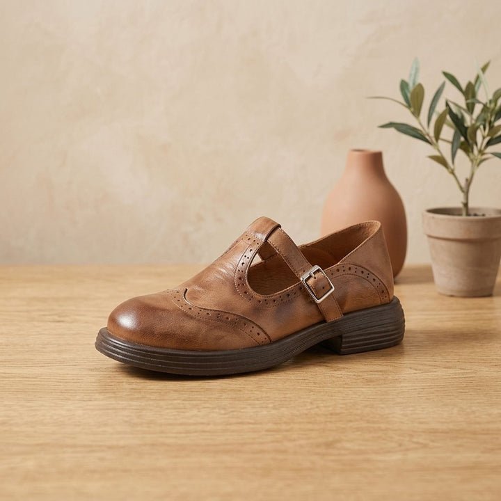 Damen Vintage Brogue Mary-Jane-Schuhe mit Schnalle - Braun