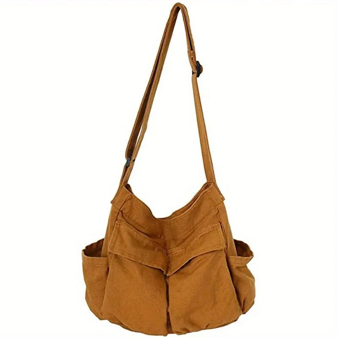 Damen Vintage Canvas Tote Bag große Schultertasche mit Seitentaschen - Khaki