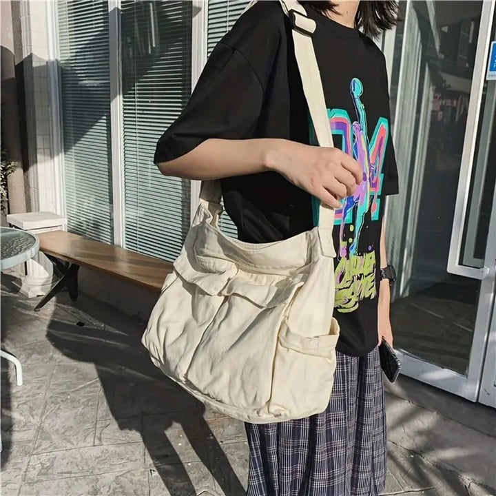 Damen Vintage Canvas Tote Bag große Schultertasche mit Seitentaschen