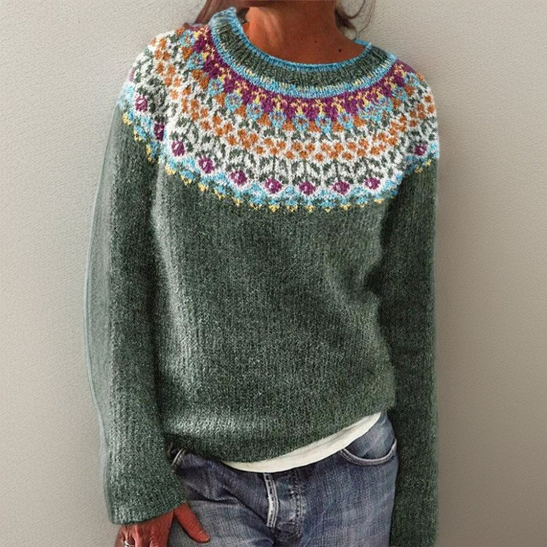 Damen Vintage Floral Knit Sweater mit isländischem Rundpassenmuster
