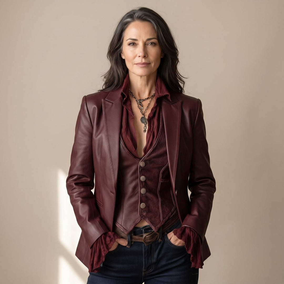 Damen Vintage Kunstleder Blazer in Burgunderrot - Burgunderrot