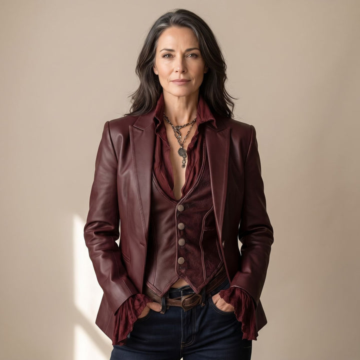 Damen Vintage Kunstleder Blazer in Burgunderrot - Burgunderrot