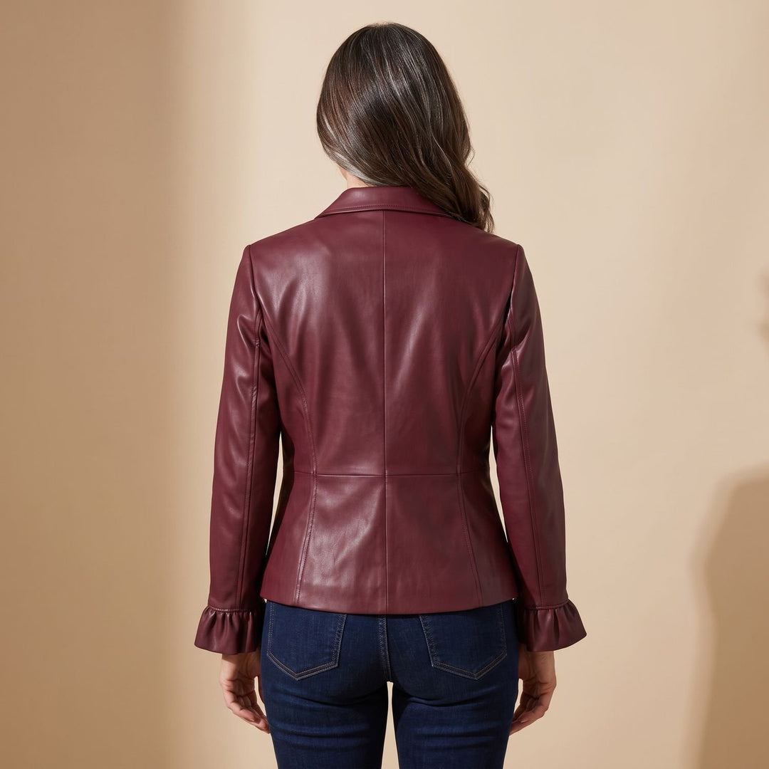 Damen Vintage Kunstleder Blazer in Burgunderrot