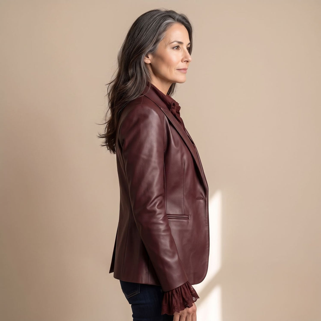 Damen Vintage Kunstleder Blazer in Burgunderrot