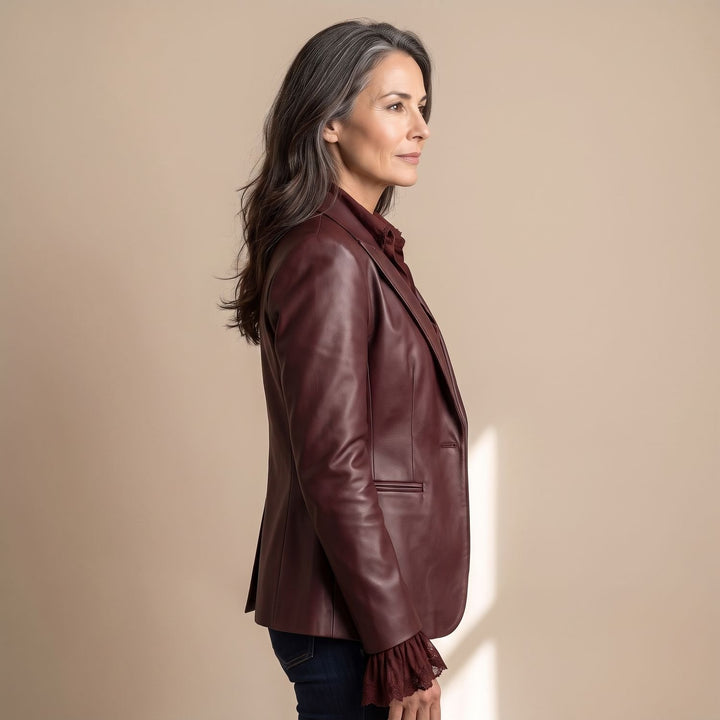Damen Vintage Kunstleder Blazer in Burgunderrot