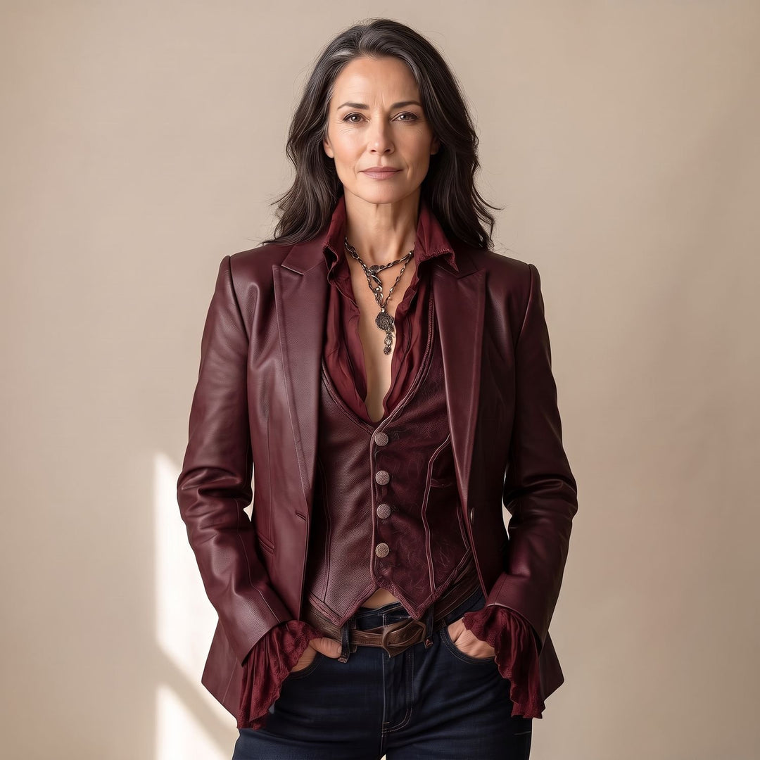 Damen Vintage Kunstleder Blazer in Burgunderrot