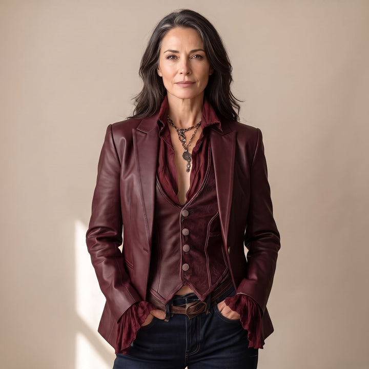 Damen Vintage Kunstleder Blazer in Burgunderrot