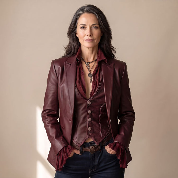 Damen Vintage Kunstleder Blazer in Burgunderrot