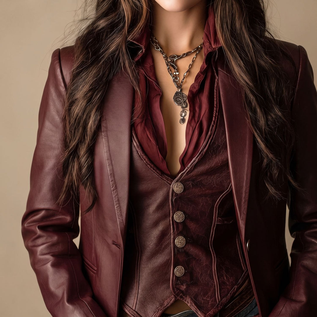 Damen Vintage Kunstleder Blazer in Burgunderrot