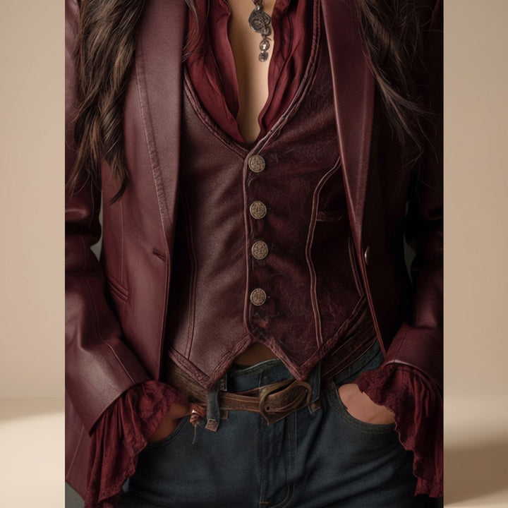 Damen Vintage Kunstleder Blazer in Burgunderrot