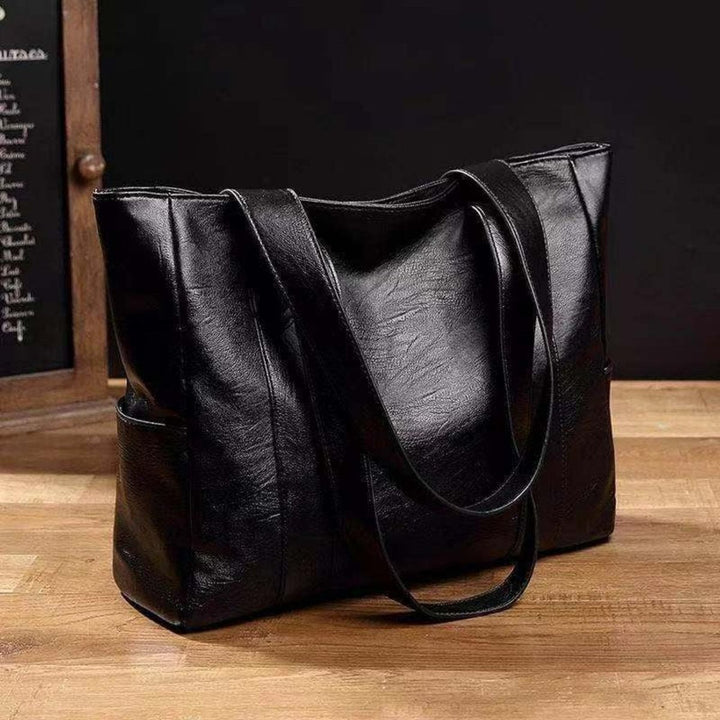 Damen Vintage Leder Tote Bag Große Kapazität Klassische Schultertasche - Schwarz