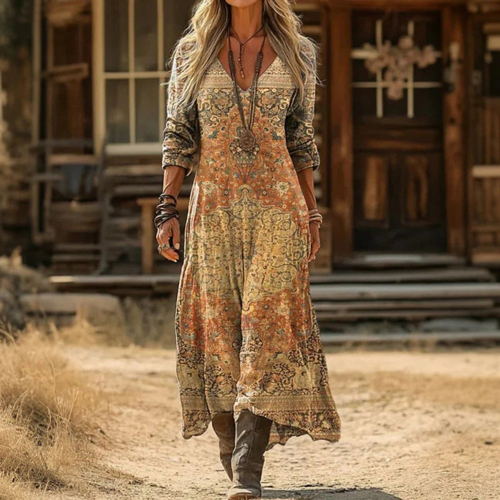 Damen Vintage-Print Langarmkleid mit V-Ausschnitt fließende Passform - Gelb