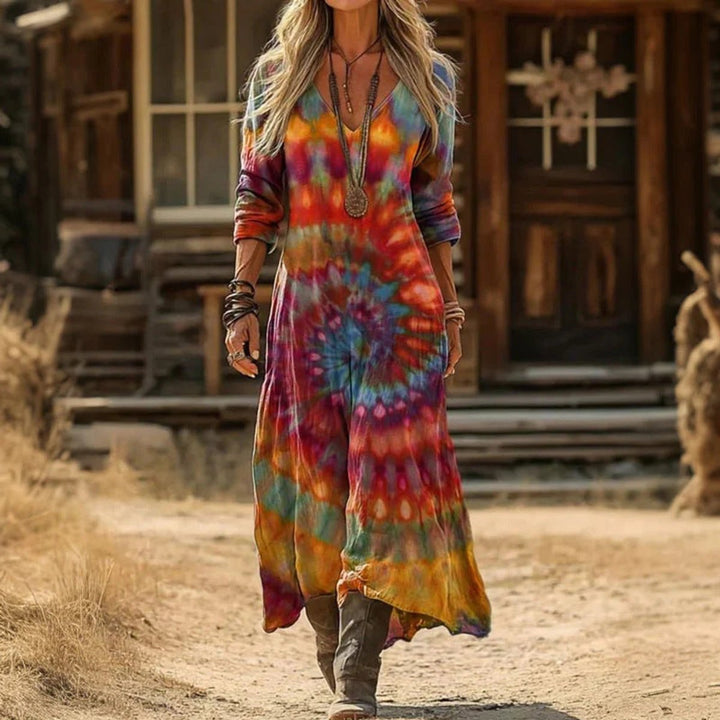 Damen Vintage-Print Langarmkleid mit V-Ausschnitt fließende Passform - Mehrfarbig