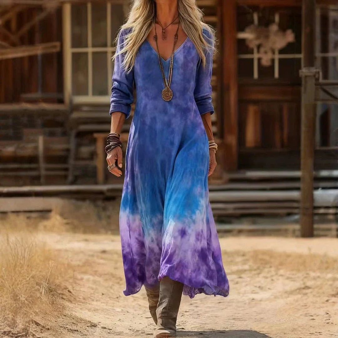 Damen Vintage-Print Langarmkleid mit V-Ausschnitt fließende Passform - Blau