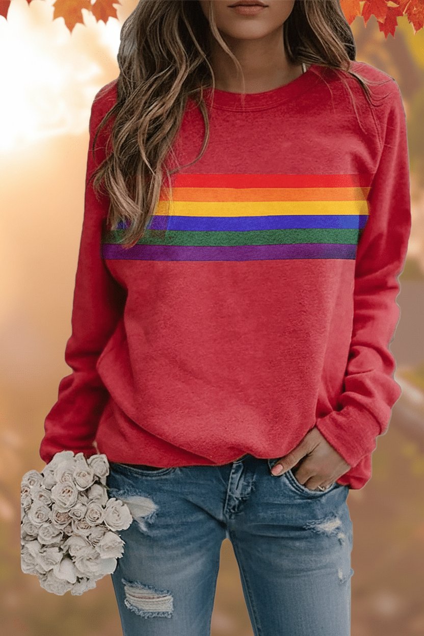 Damen Vintage Regenbogen-Streifen Langarm Sweatshirt - Red