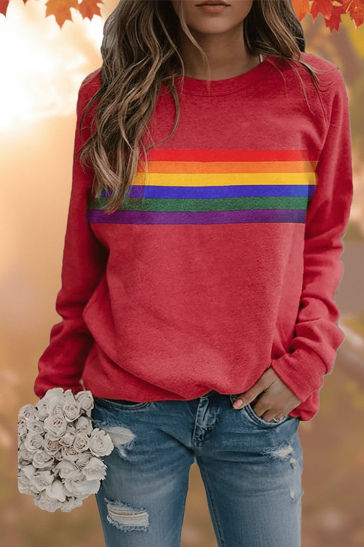 Damen Vintage Regenbogen-Streifen Langarm Sweatshirt - Red