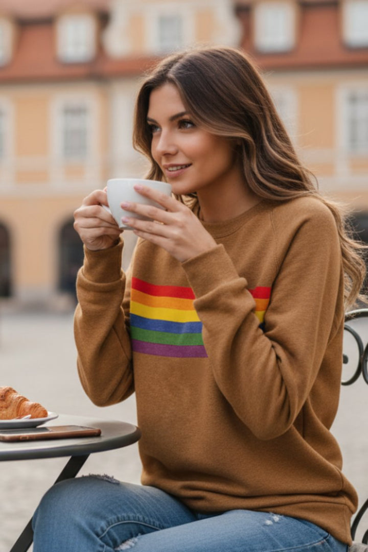 Damen Vintage Regenbogen-Streifen Langarm Sweatshirt