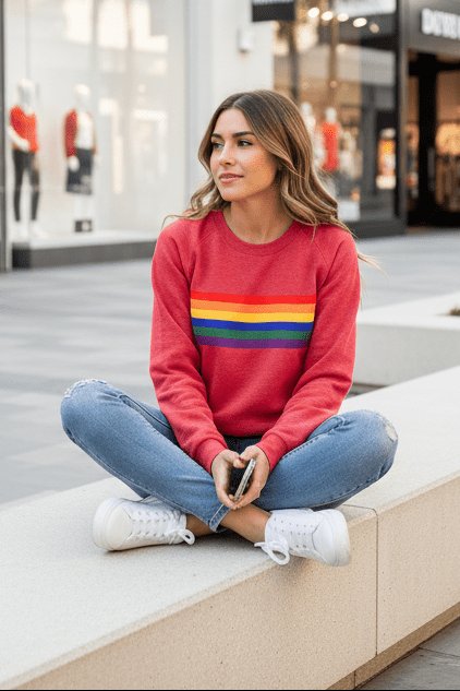 Damen Vintage Regenbogen-Streifen Langarm Sweatshirt
