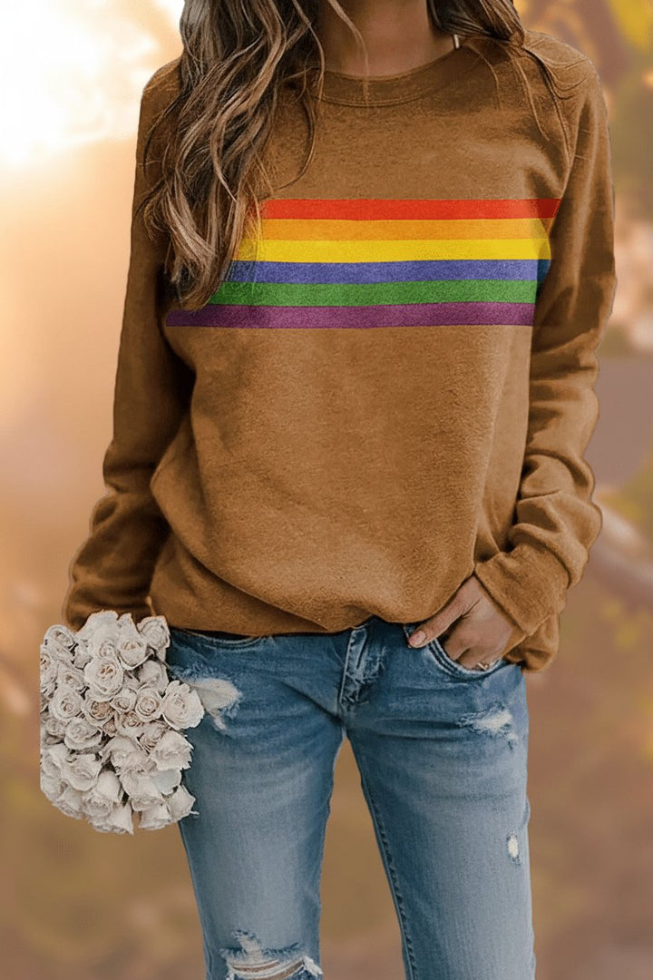 Damen Vintage Regenbogen-Streifen Langarm Sweatshirt - Yellow