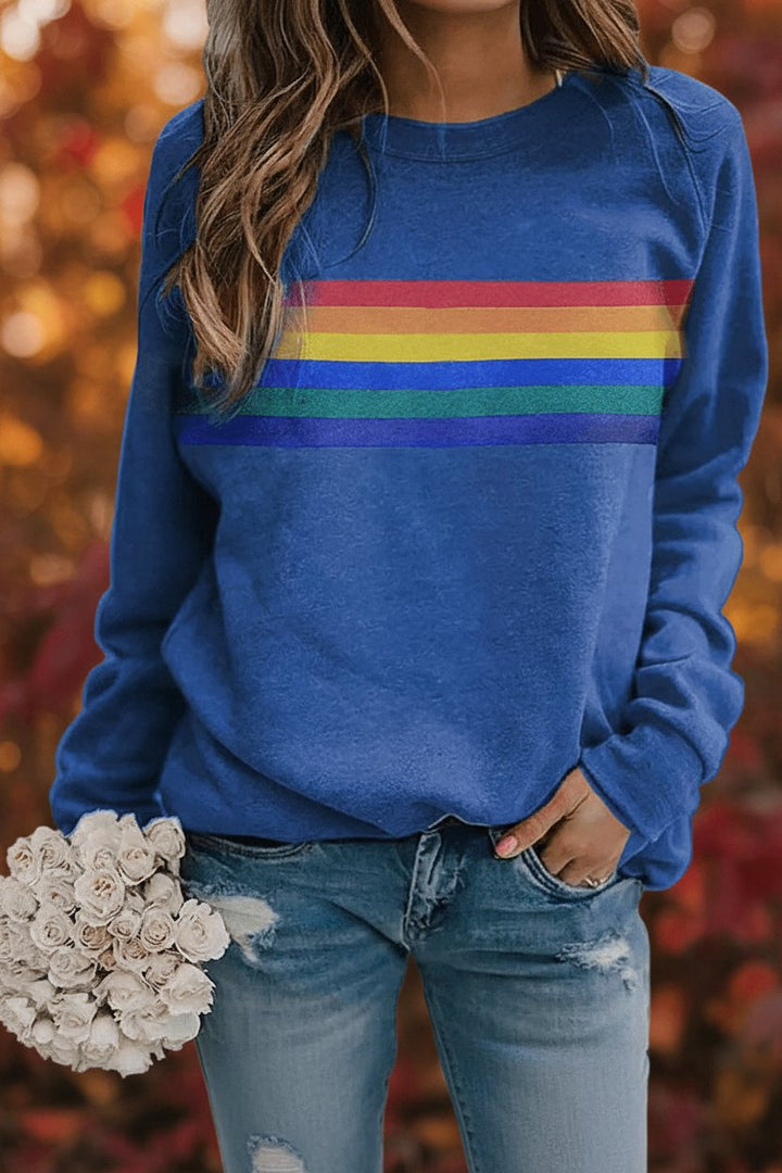 Damen Vintage Regenbogen-Streifen Langarm Sweatshirt - Blue