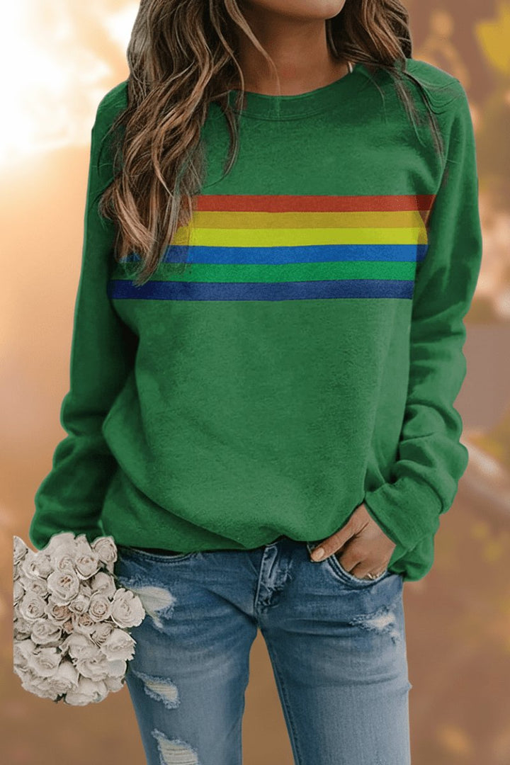 Damen Vintage Regenbogen-Streifen Langarm Sweatshirt