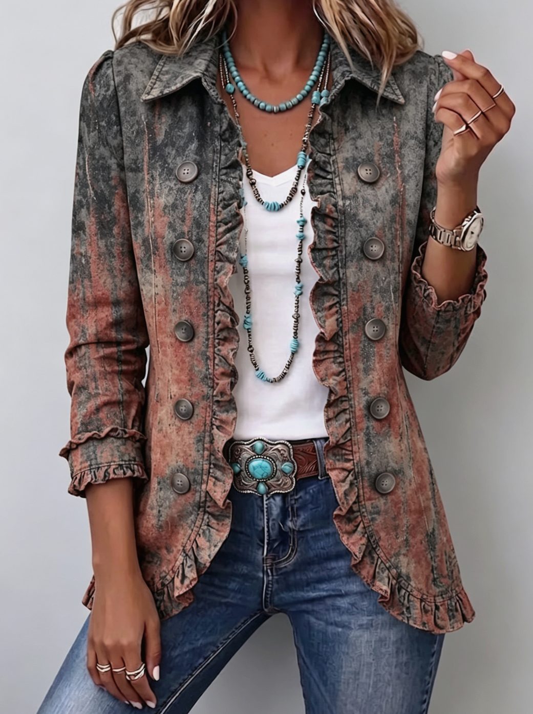 Damen Vintage Rüschen-Jacke mit Farbverlauf und Doppelknopfleiste - Wüstenwaschung