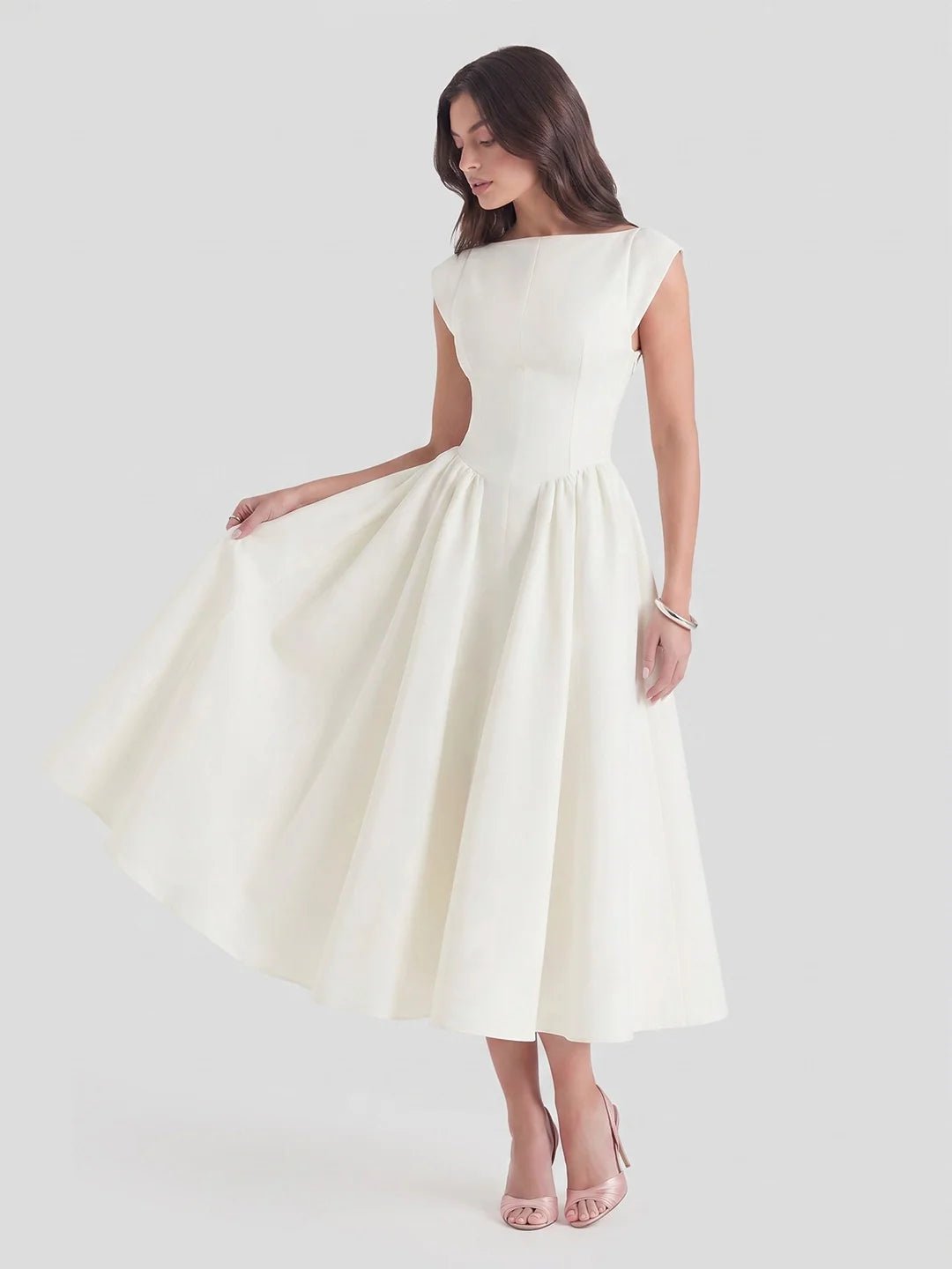Damen Vintage Satin Midi-Kleid mit Carmen-Ausschnitt