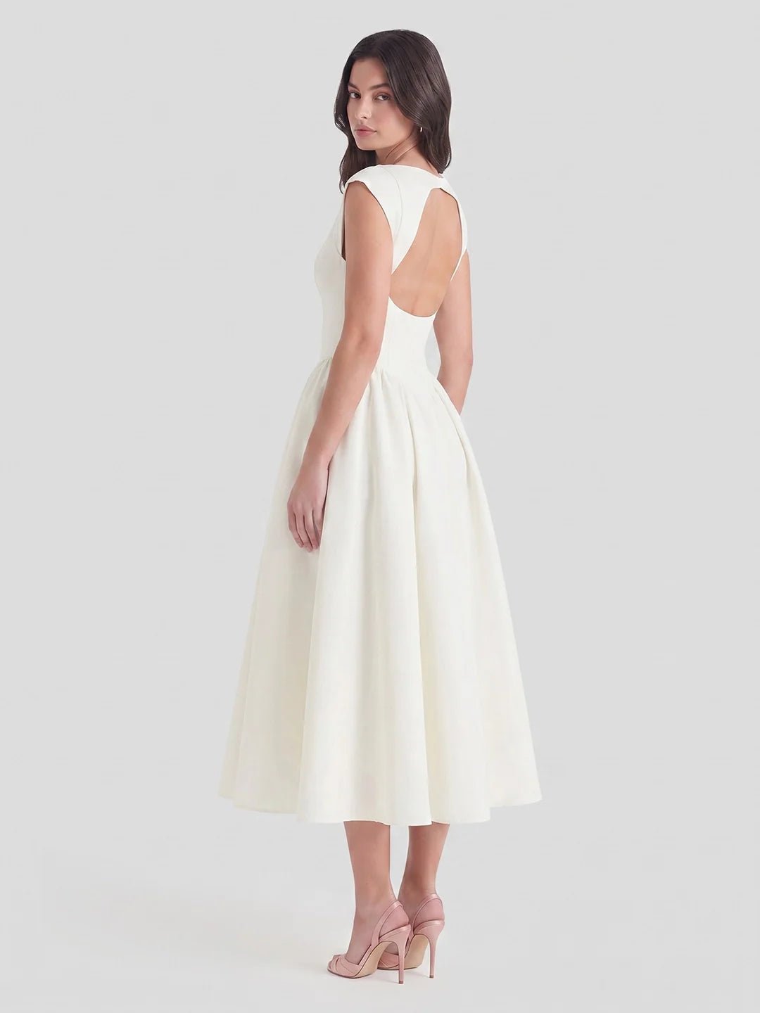 Damen Vintage Satin Midi-Kleid mit Carmen-Ausschnitt