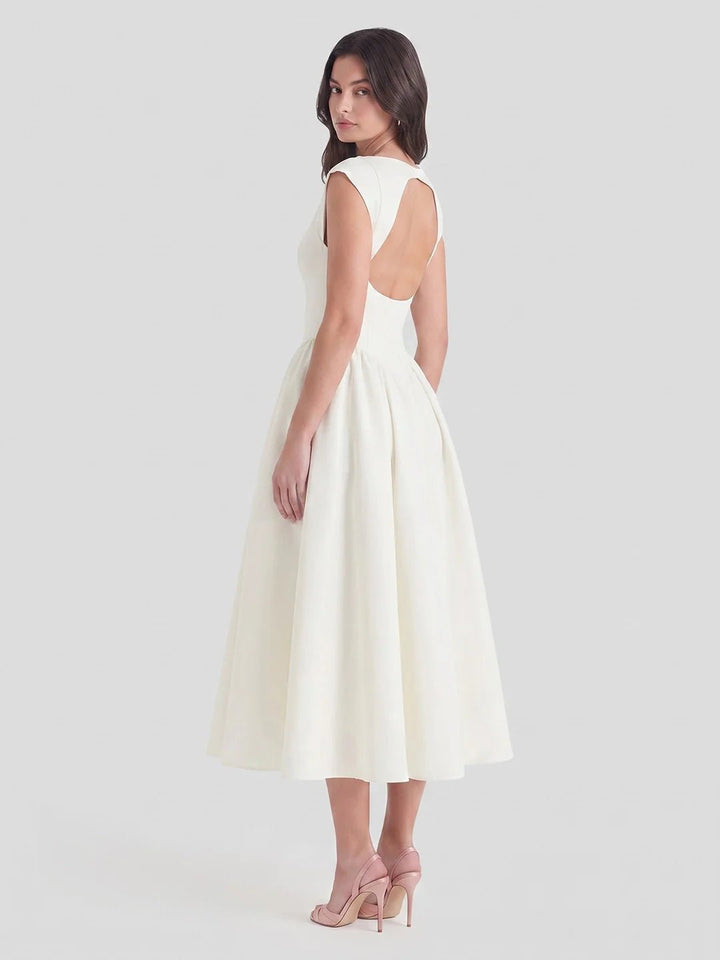 Damen Vintage Satin Midi-Kleid mit Carmen-Ausschnitt