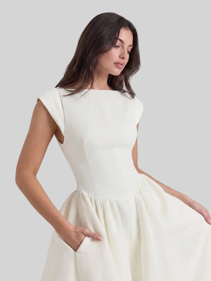Damen Vintage Satin Midi-Kleid mit Carmen-Ausschnitt