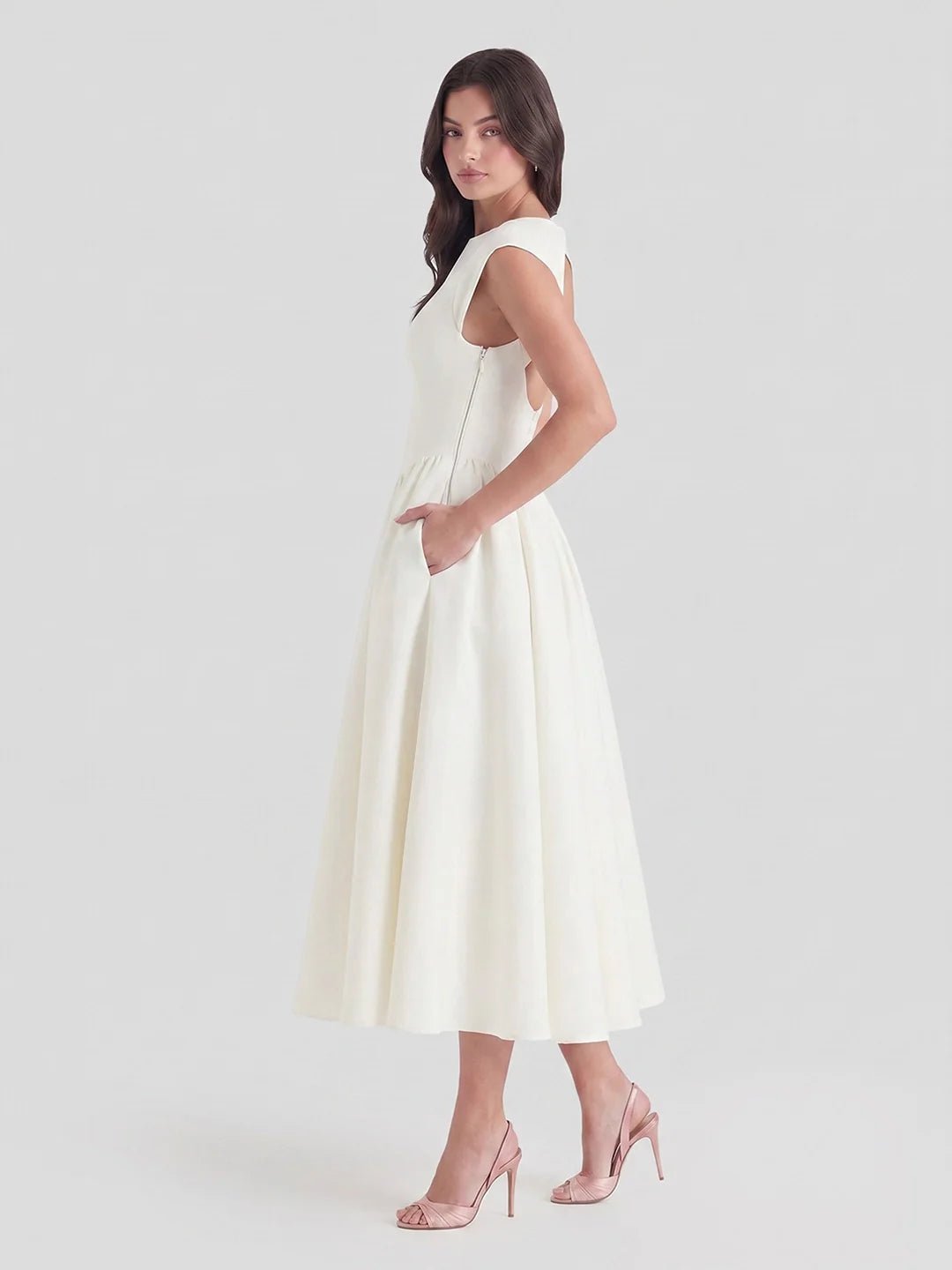 Damen Vintage Satin Midi-Kleid mit Carmen-Ausschnitt