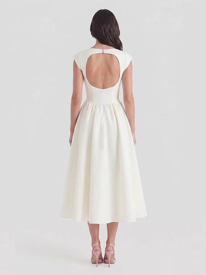 Damen Vintage Satin Midi-Kleid mit Carmen-Ausschnitt
