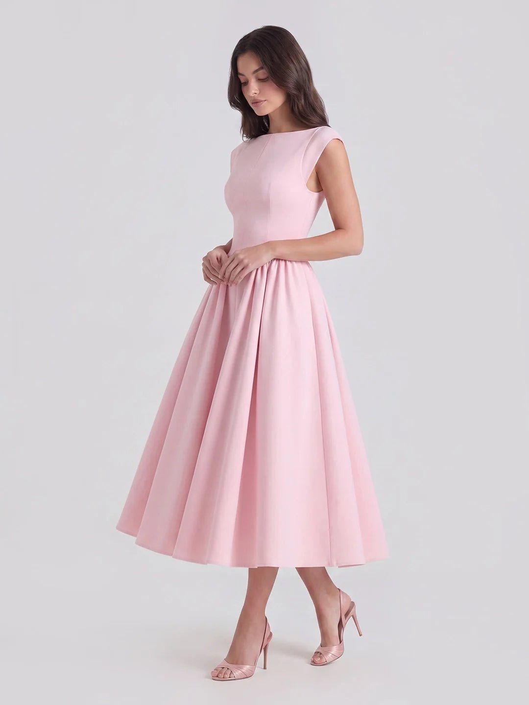 Damen Vintage Satin Midi-Kleid mit Carmen-Ausschnitt - Soft Pink