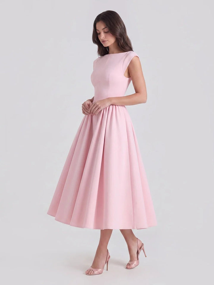 Damen Vintage Satin Midi-Kleid mit Carmen-Ausschnitt - Soft Pink