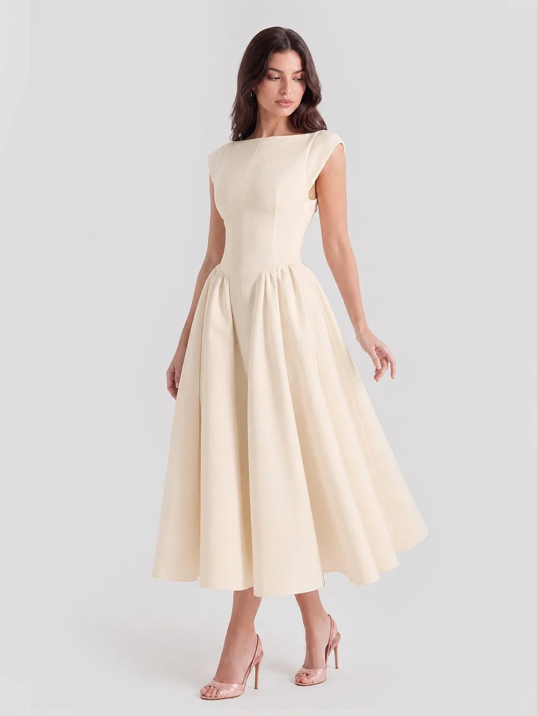 Damen Vintage Satin Midi-Kleid mit Carmen-Ausschnitt - Beige