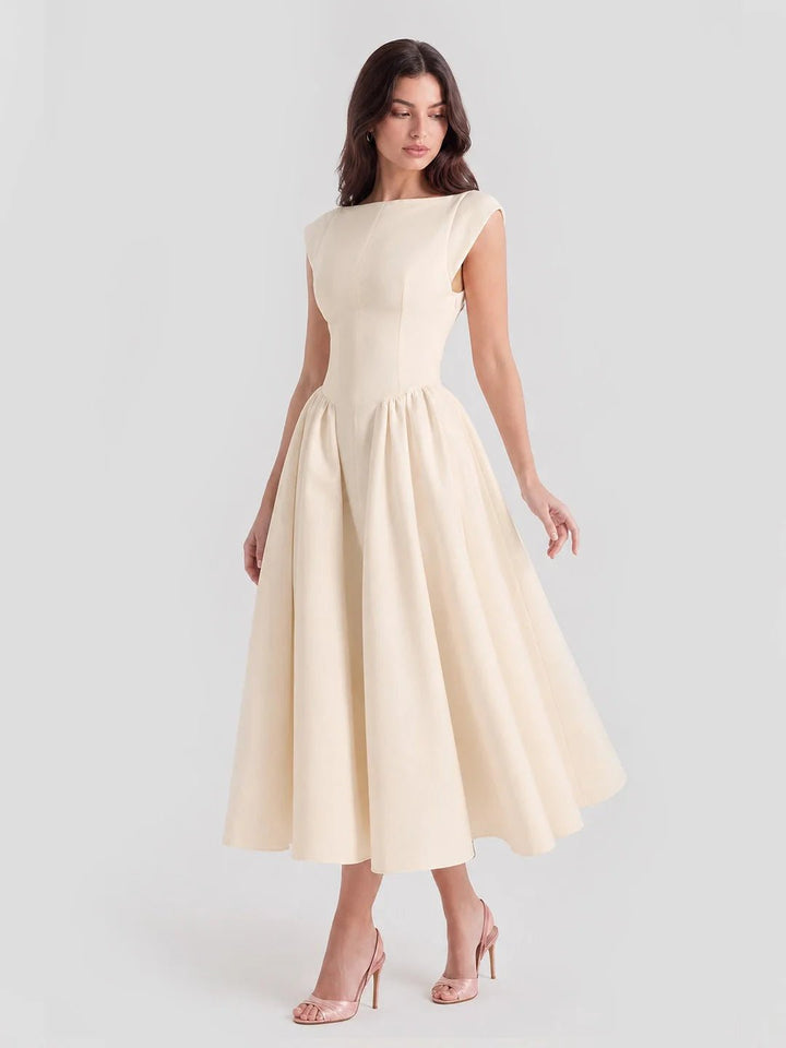 Damen Vintage Satin Midi-Kleid mit Carmen-Ausschnitt - Beige