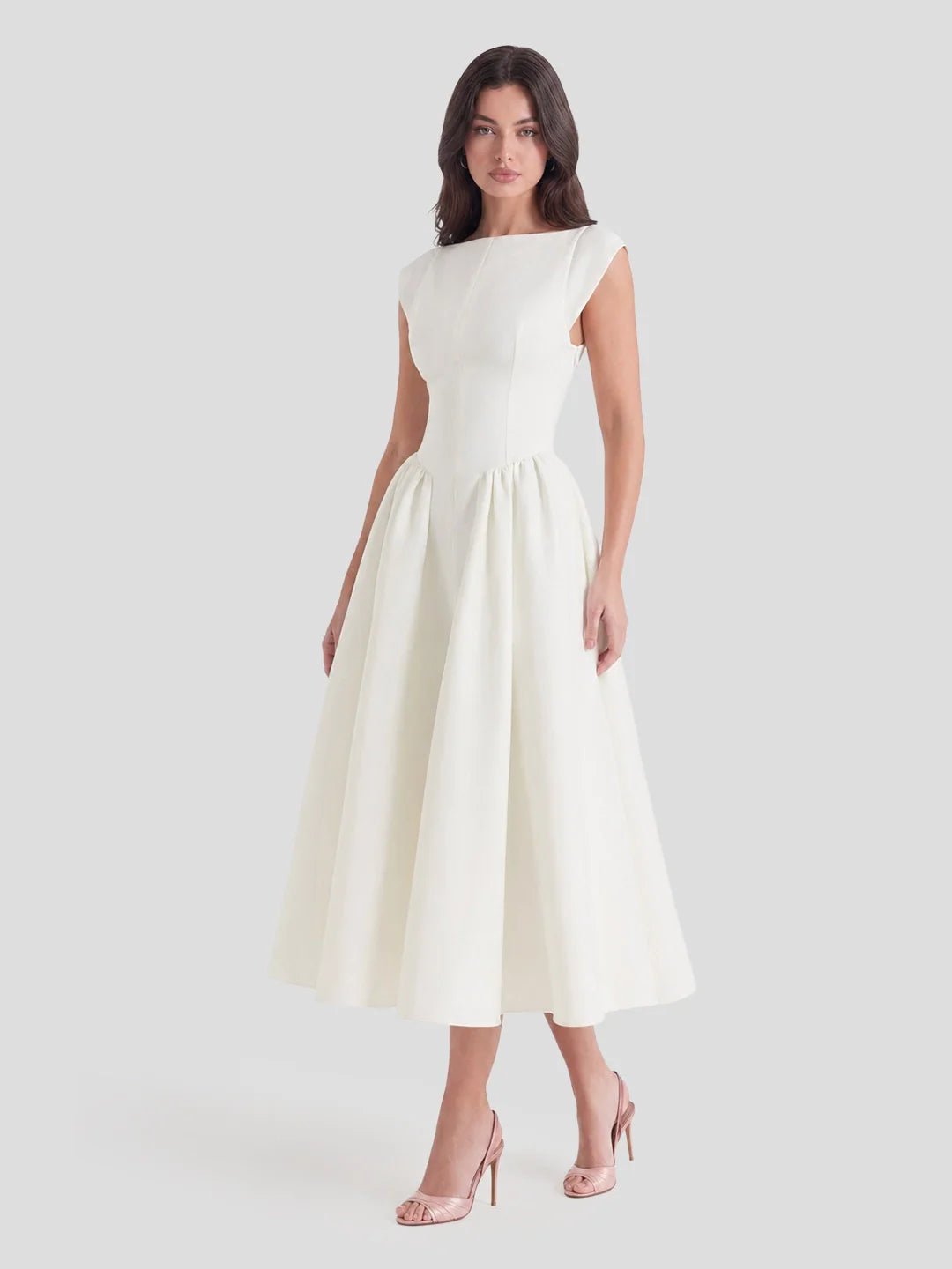 Damen Vintage Satin Midi-Kleid mit Carmen-Ausschnitt - Ivory