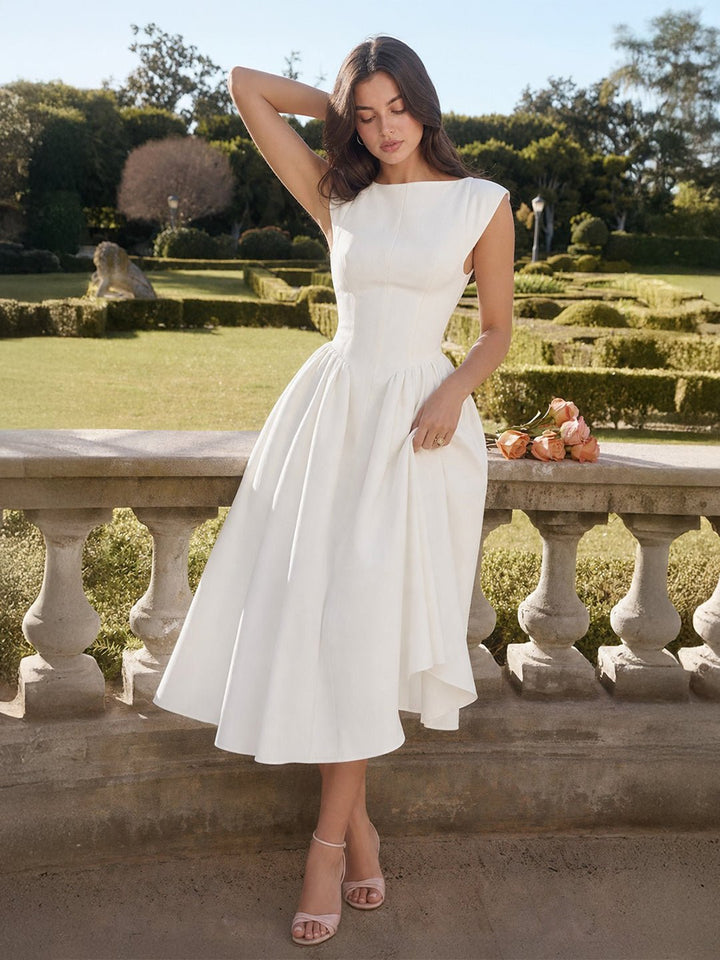 Damen Vintage Satin Midi-Kleid mit Carmen-Ausschnitt